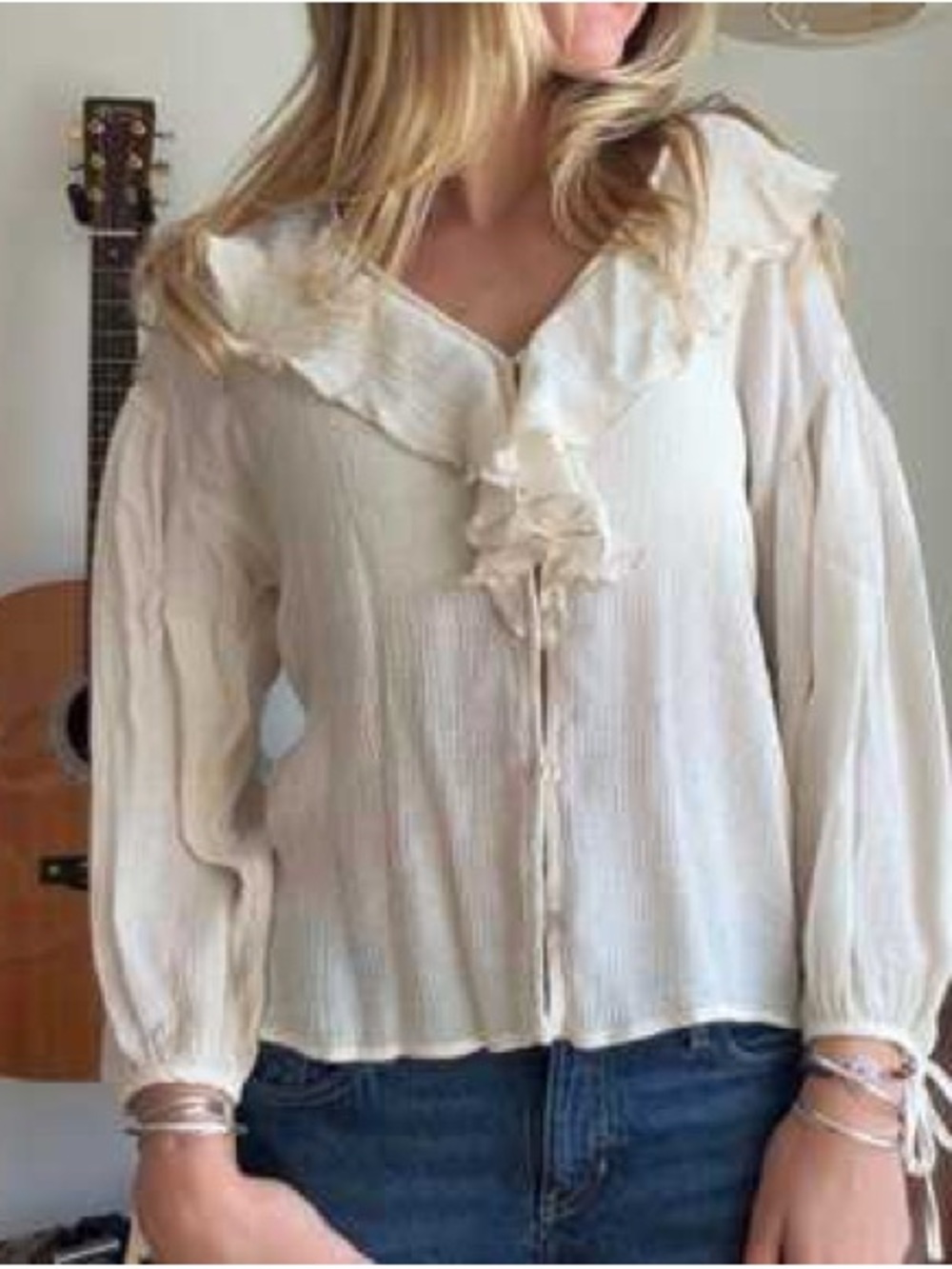 ZARA Cream Ruffle Button-Up Blouse - Picture 2 of 5